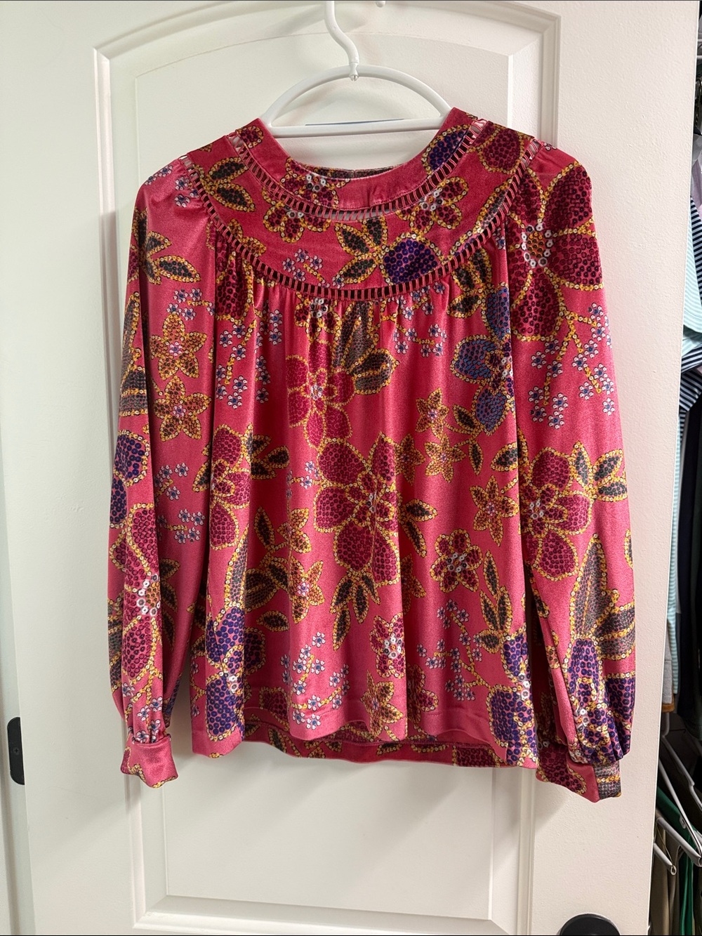 FARM Rio Pink Floral velvet Long Sleeve Blouse